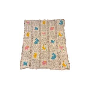 Vintage Crochet Baby Blanket Afghan Throw White  Squares Animals Handmade 35x42"